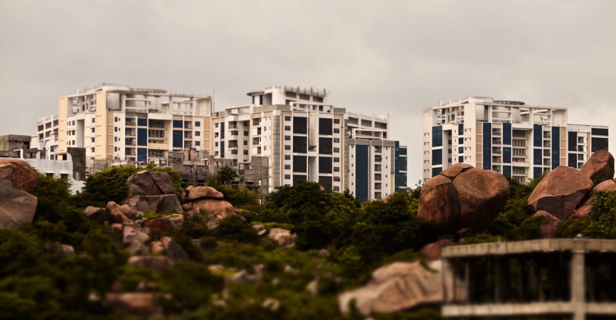 Accenture office building in Gachibowli seen across from Prasanth Hills