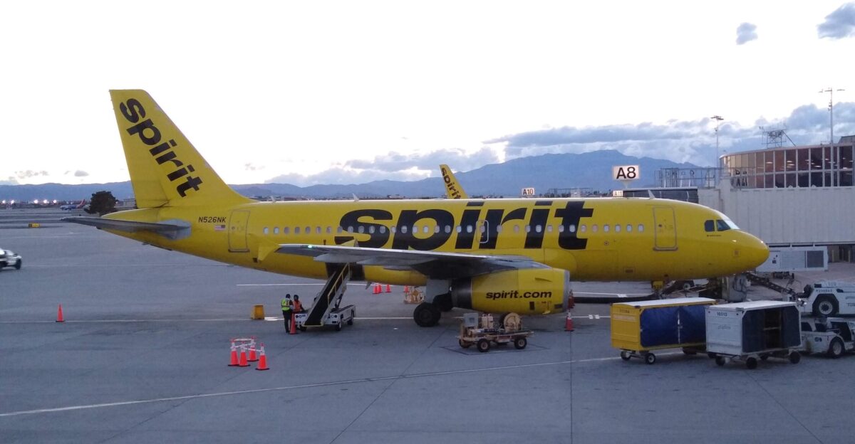 Spirit Airlines aircraft N526NK on March 16 2020 at McCarran International Airport The outside of the plane is yellow