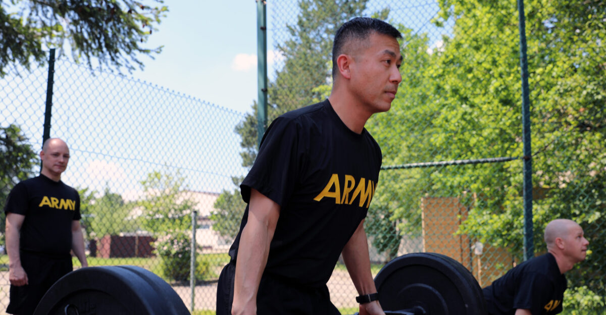 Col Jacob Gin the chief of human resources for Regional Health Command Europe completes the deadlift portion of the Army Combat Fitness Test