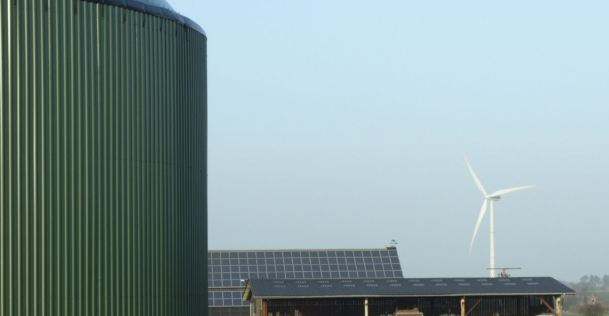 Renewable Energies Biogas fermenter wind power and photovoltaics on a farm in Horstedt Schleswig-Holstein Germany