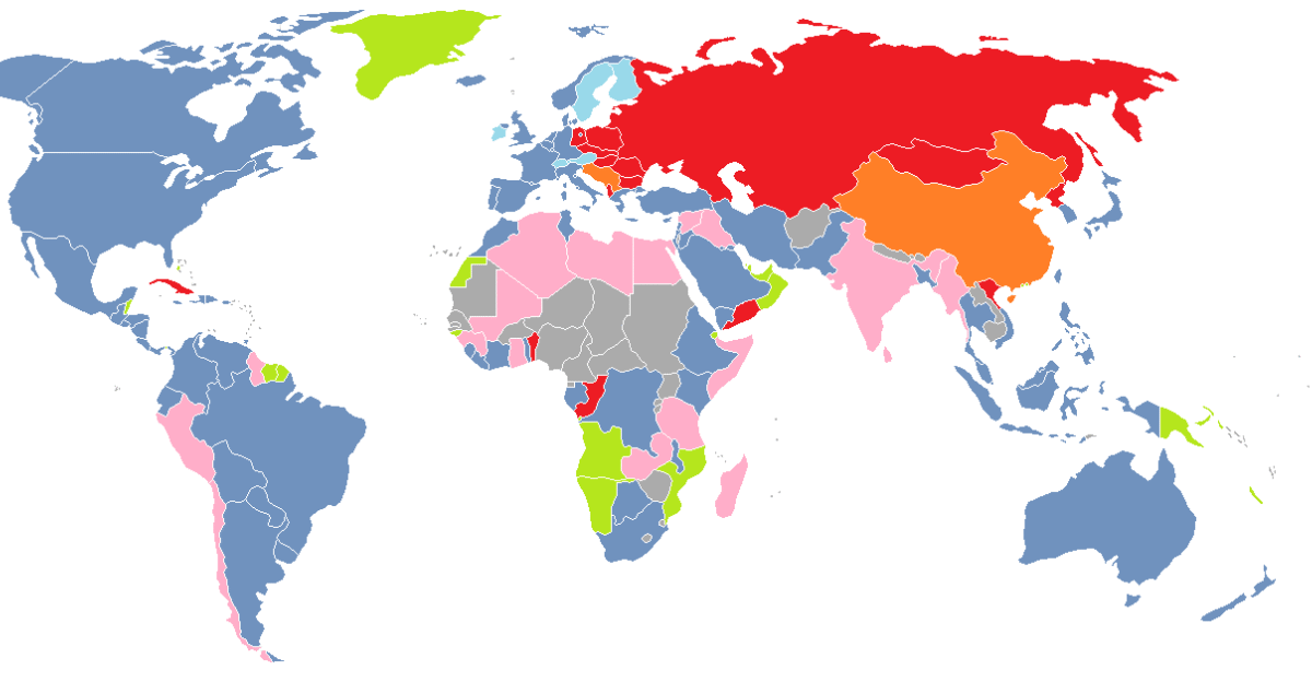 A color-coded map of the world in 1970 showing various groups of countries depending on their position in the Cold War Green - Non-self-governing possessions of US allies Blue - US and US allies Red - Soviet Union and other communist allies Orange - Communist countries not aligned with the USSR Pink - Non Communist allies of USSR Light Blue - Non NATO members of EFTA and OECD Gray - Unknown or non aligned