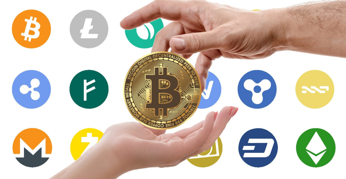 Various different crypto currencies logos The bitcoin logo in the middle displays two hands one hand is giving and one hand is receiving and it is a metaphor for the exchanging of bitcoin