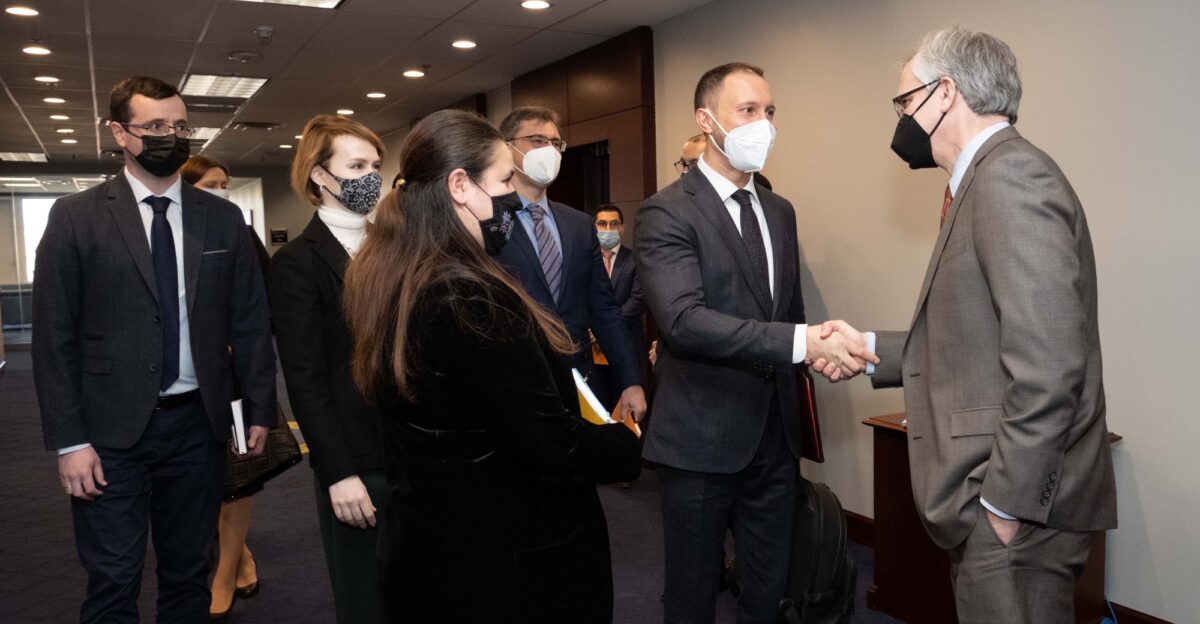 Department of Energy s Deputy Secretary D Turk and Assistant Secretary for International Affairs Dr A Light at the bilateral meeting with Ukraine on February 10 2022 Oksana Markarova Ambassador of Ukraine to the United States and Volodymyr Muzylov First Secretary of the Embassy and members of the delegate were in attendance PHOTO CREDIT DOE PHOTOGRAPHER DONICA PAYNE For more information or additional images please contact 202-586-5251 EnergyTechnologyVisualsCollectionETVC hq doe gov