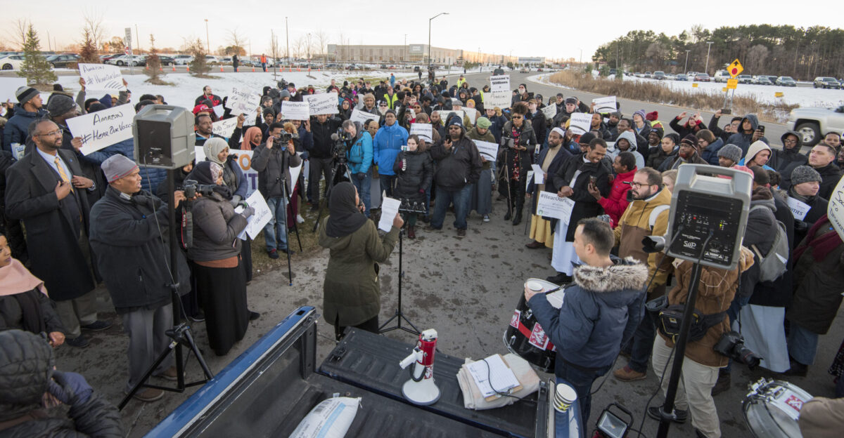 Shakopee Minnesota December 14 2018 Around 200 Amazon workers mostly of East African descent protested outside their workplace in Minnesota They protested against working conditions such as workers being tracked by computer and required to work at a high rate of speed such as scanning something every 7 seconds and the required speed is increased over time People of East African descent make up 30-60 of the workforce at this location U S Representative Ilhan Omar spoke to the protesters 2018-12-14 This is licensed under the Creative Commons Attribution License Give attribution to Fibonacci Blue