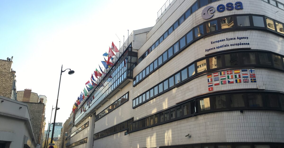 The image shows the European Space Agency ESA s Headquarters in Paris France The photograph was taken on 23 November 2015 showing the new 22 member state decorations