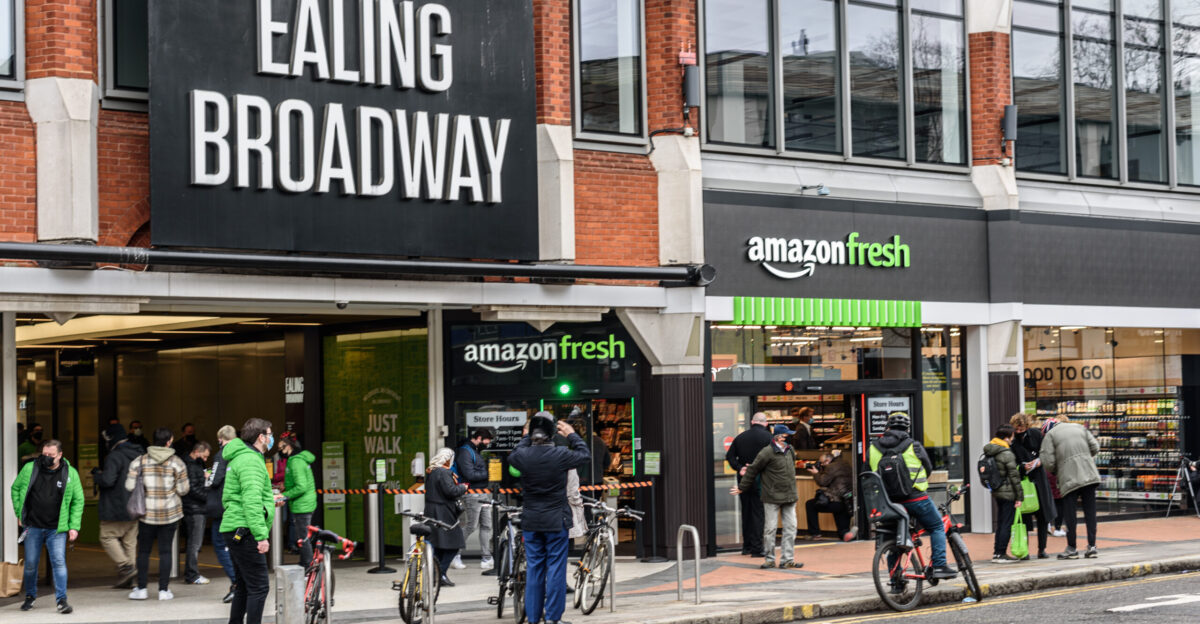 Opening day on 4 March 2021 for the first fully-automated no-checkout Amazon Fresh store in Europe Located in the Ealing Broadway Centre Ealing West London The site previously had been occupied by the clothing retailer Monsoon and before that by Safeway and Marshall Amplification