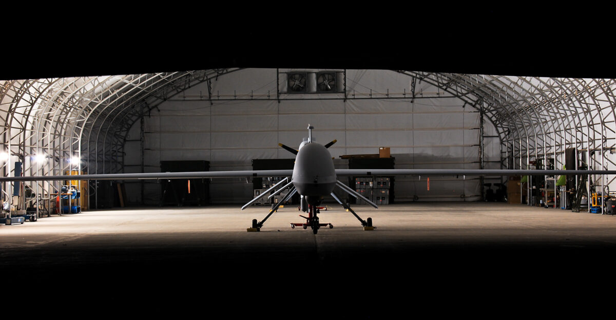 An MQ-1C Sky Warrior unmanned aircraft system from sits dormant in a hangar The Sky Warrior aircraft has the ability to remain airborne for up to 24 hours straight to conduct continuous missions in support of Operation Iraqi Freedom Photo Credit Sgt Travis Zielinski 1st ACB 1st Cav Div USD-C See more at Soldiers in Iraq employ new unmanned aircraft system