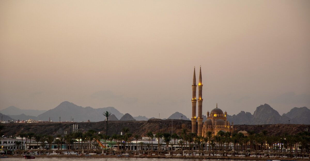 embankment mosque minarets bay sunset sharm el sheikh nature egypt old city panorama resort tourism landscape mountains el sahab mosque evening