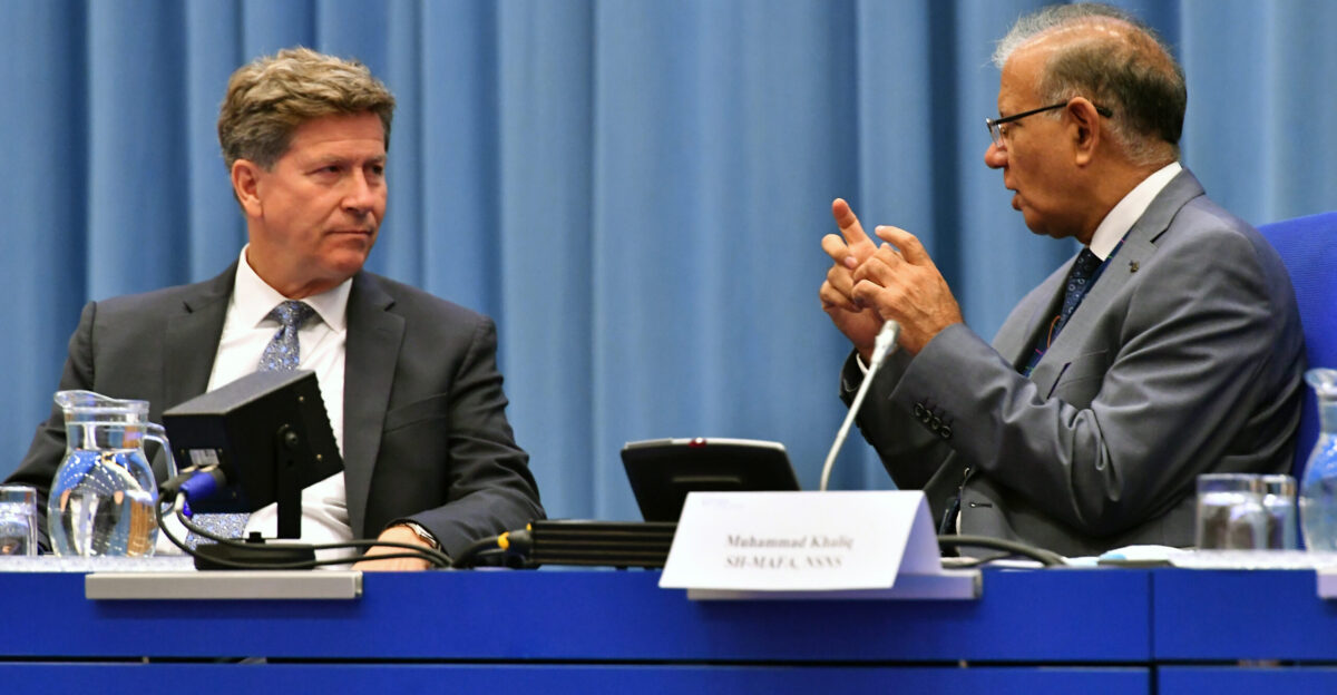 Scott Purvis IAEA Section Head Information Management Section Division of Nuclear Security Department of Nuclear Safety and Security with Muhammad Khaliq IAEA Section Head Nuclear Security of Materials and Facilities at the opening of the Informal Technical Briefing Nuclear Security Report 2020 held at the Agency headquarters in Vienna Austria 28 August 2020 Photo Credit Dean Calma IAEA