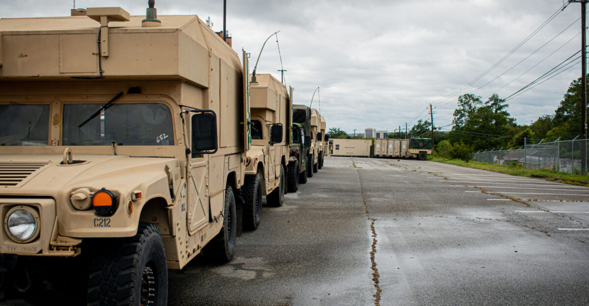 U S Army vehicles assigned to the Macon-based Headquarters and Headquarters Company 148th Brigade Support Battalion 48th Infantry Brigade Combat Team Georgia Army National Guard are staged for hurricane response in Macon Georgia Sept 27 2024 The Georgia National Guard is providing response and recovery support to areas impacted by Hurricane Helene The Georgia Emergency Management and Homeland Security Agency GEMA HS is the lead agency We will continue to partner with GEMA HS and other local state and federal entities at the direction of the Governor U S Army National Guard photo by Spc Katlynn Pickle