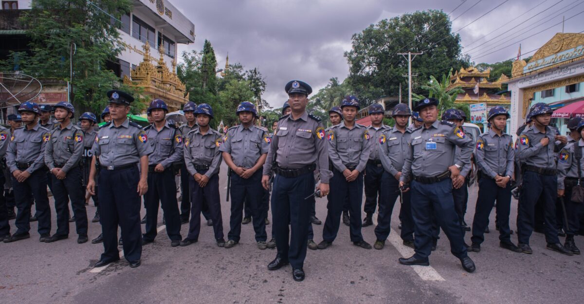 Myanmar police officers blocking protesters in Bahan Township Yangon
