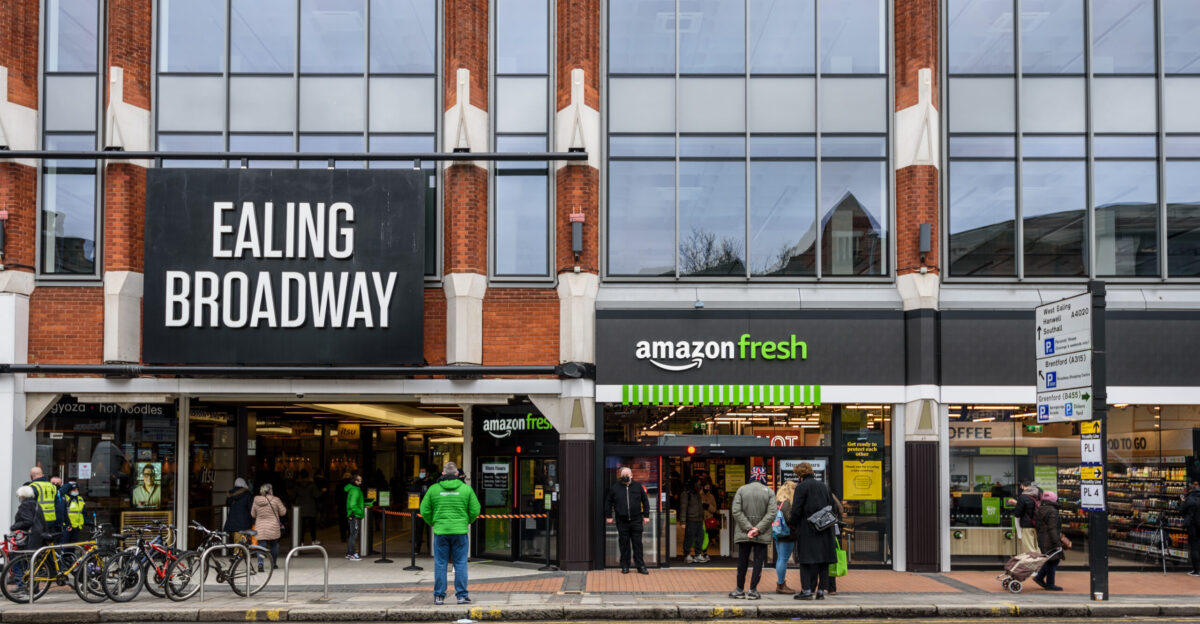 Opening day on 4 March 2021 for the first fully-automated no-checkout Amazon Fresh store in Europe Located in the Ealing Broadway Centre Ealing West London The site previously had been occupied by the clothing retailer Monsoon and before that by Safeway and Marshall Amplification