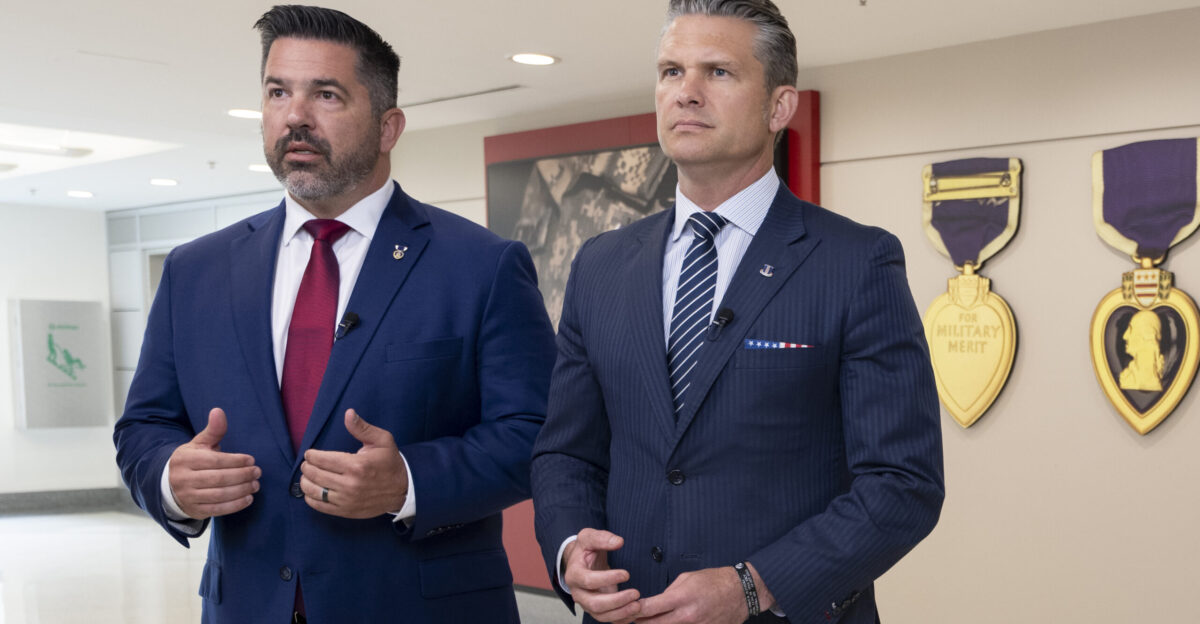 Secretary of Defense Pete Hegseth and Assistant to the Secretary of Defense for Public Affairs and Senior Advisor Sean Parnell deliver recorded remarks at the Pentagon Washington D C Aug 6 2025 DoD photo by U S Navy Petty Officer 1st Class Alexander Kubitza