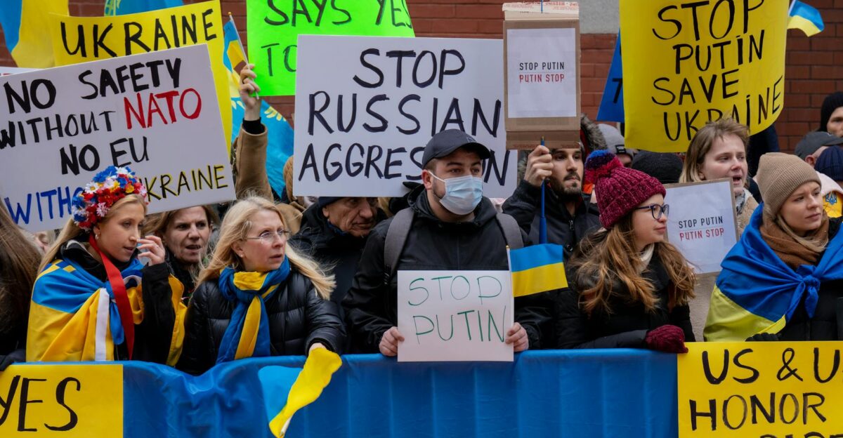 Demonstrators in New York City protest against Russian aggression advocating for Ukraine s safety