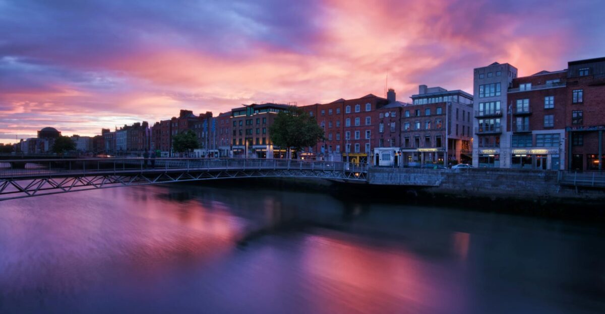 Beautiful sunset view over River Liffey and Dublin cityscape