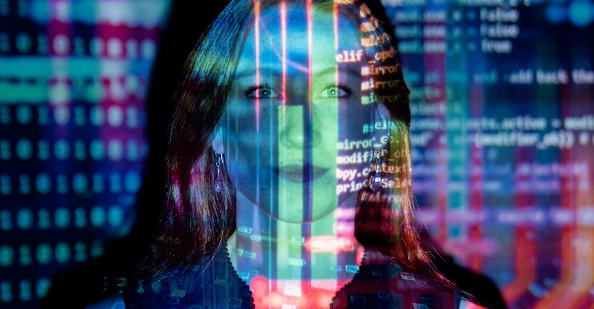 A woman with digital code projections on her face, representing technology and future concepts.
