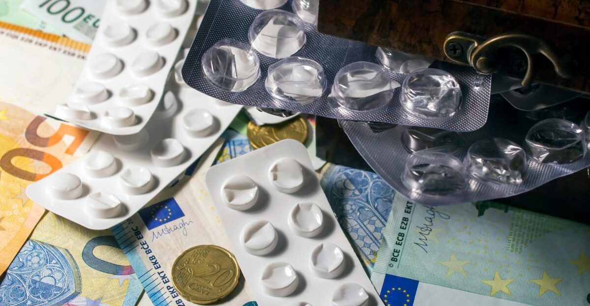 Blister packs of medication placed on Euro banknotes illustrating healthcare expenses