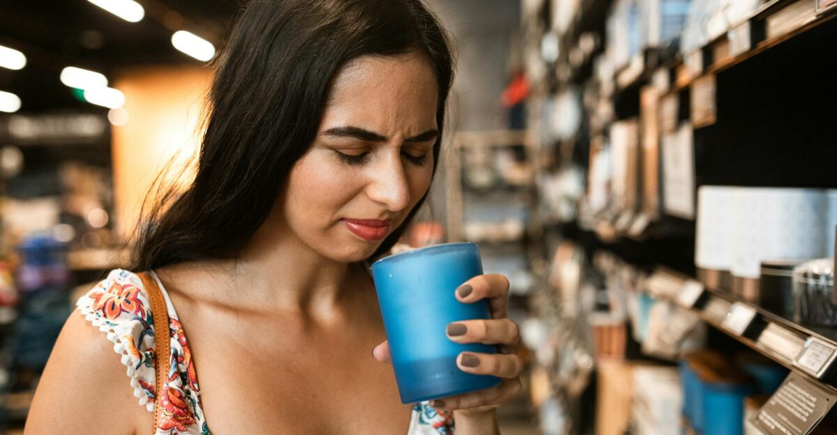 A young woman in a floral dress experiences an unpleasant scent while shopping