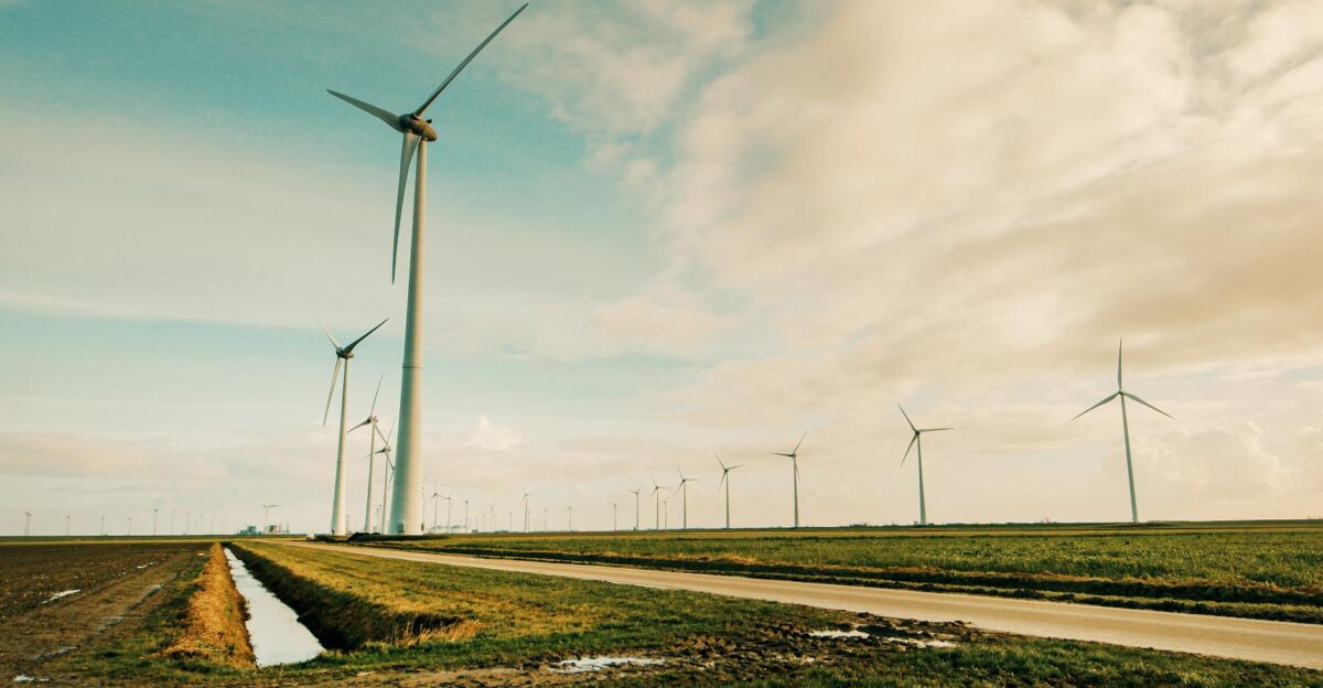 Scenic view of wind turbines in a rural Dutch landscape generating renewable energy