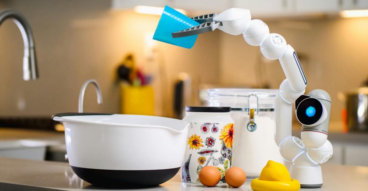 A robotic arm pouring ingredients into a bowl in a contemporary kitchen setting