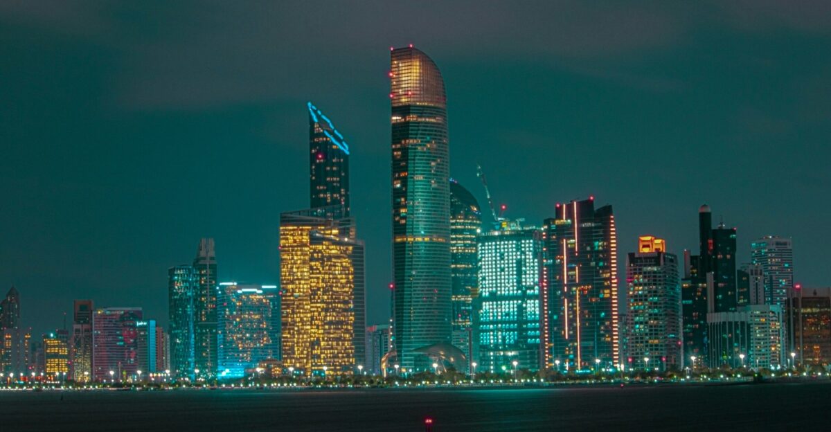 city skyline during night time