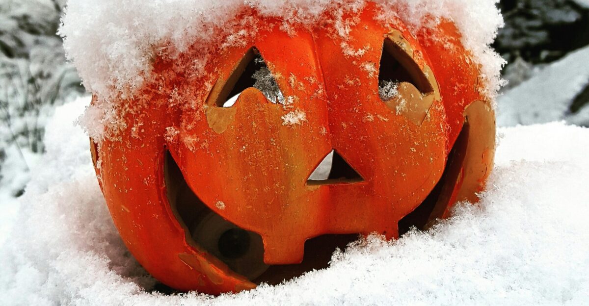 a carved pumpkin sitting on top of a tree stump