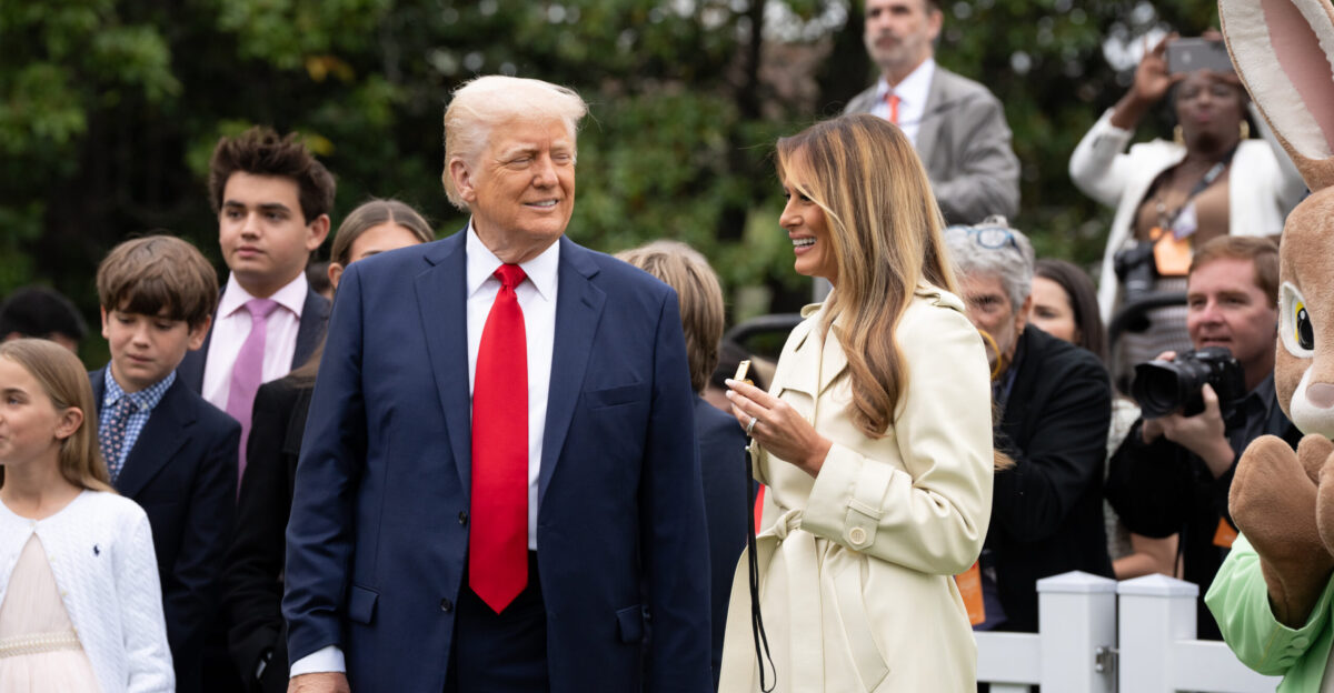 President Donald Trump and First Lady Melania Trump blow whistles to kick off a race at the White House Easter Egg Roll Monday April 21 2025 on the South Lawn Official White House Photo by Andrea Hanks