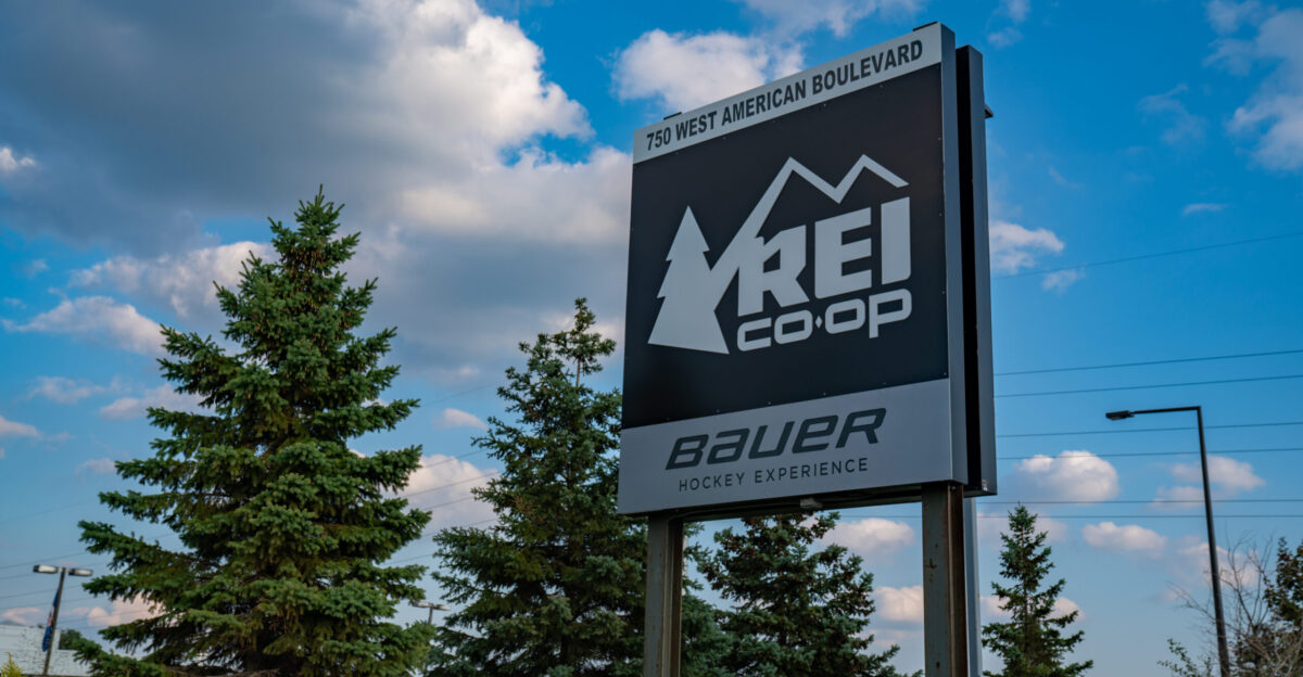 The REI Co-Op outdoor activity store and Bauer Hockey Experience shopping center at 750 West American Boulevard in Bloomington Minnesota