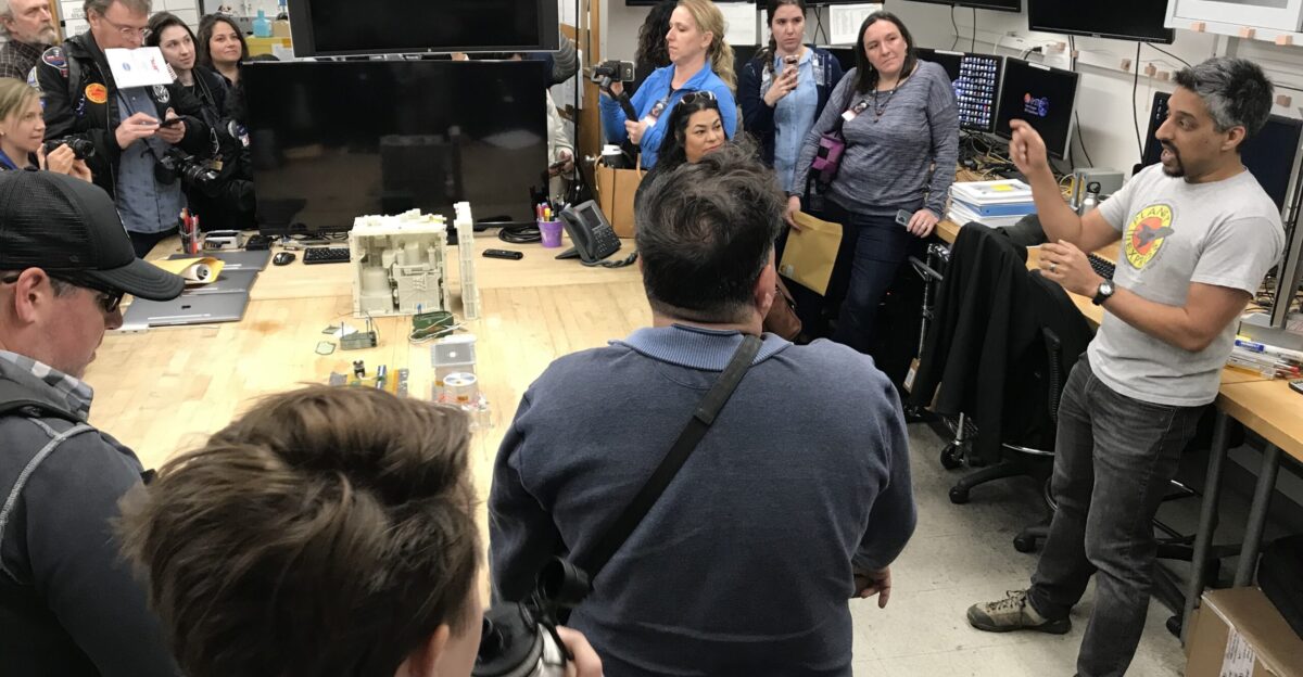 MOXIE engineer Asad Aboobaker explains the technology demonstration that will work to extract oxygen from the thin mostly CO2 atmosphere at Mars - tech that could help future astronauts breathe NASA opened its doors to media and social media its annual State of NASA event Monday Feb 10 2020 at the agency s locations across the country including the Jet Propulsion Laboratory in Pasadena California JPL hosted 29 digital creators to learn how the center s robotic missions help future human exploration of the Moon and Mars Participants met scientists and engineers and went behind the scenes in mission control an indoor Mars Yard for testing landers and rovers and the Spacecraft Assembly Facility where Mars 2020 NASA s next rover is preparing for launch later this year Credit NASA JPL-Caltech