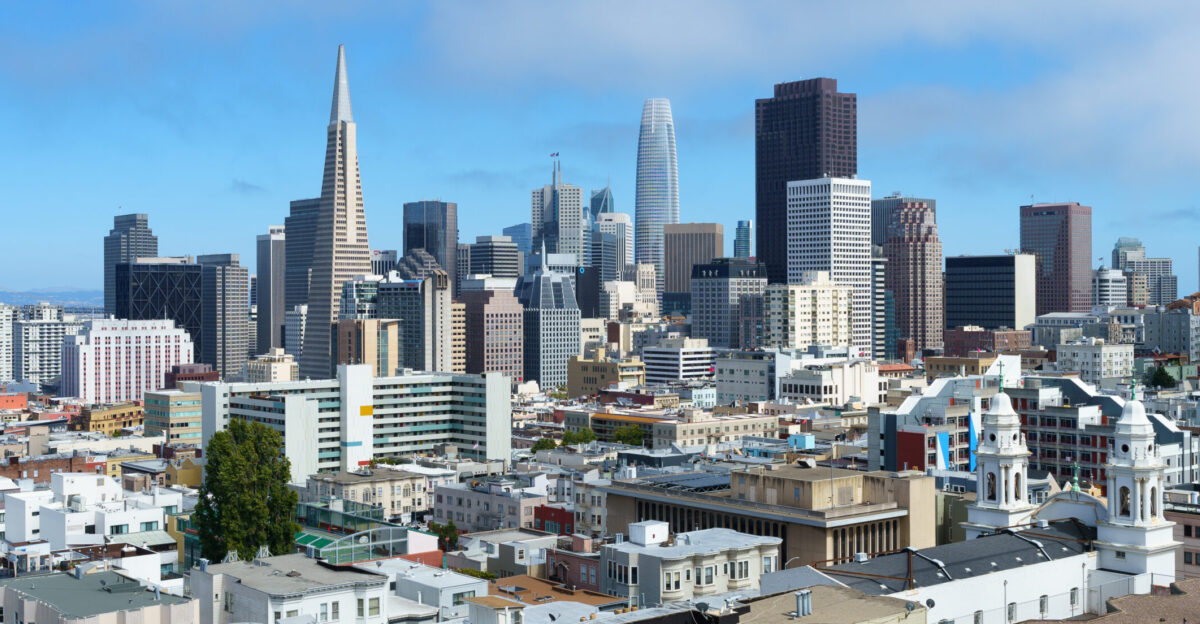 Skyline of downtown San Francisco from Ina Coolbrith Park on July 15 2021 The small park is perched on the steep incline between Taylor and Mason streets and is named after Ina Coolbrith 1841-1928 an American poet and a prominent figure in the early San Francisco literary scene
