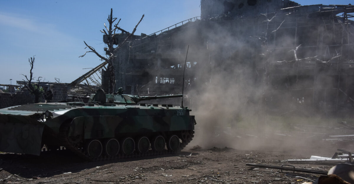 An infantry tank near ruins of Donetsk International Airport Eastern Ukraine 9 June 2015