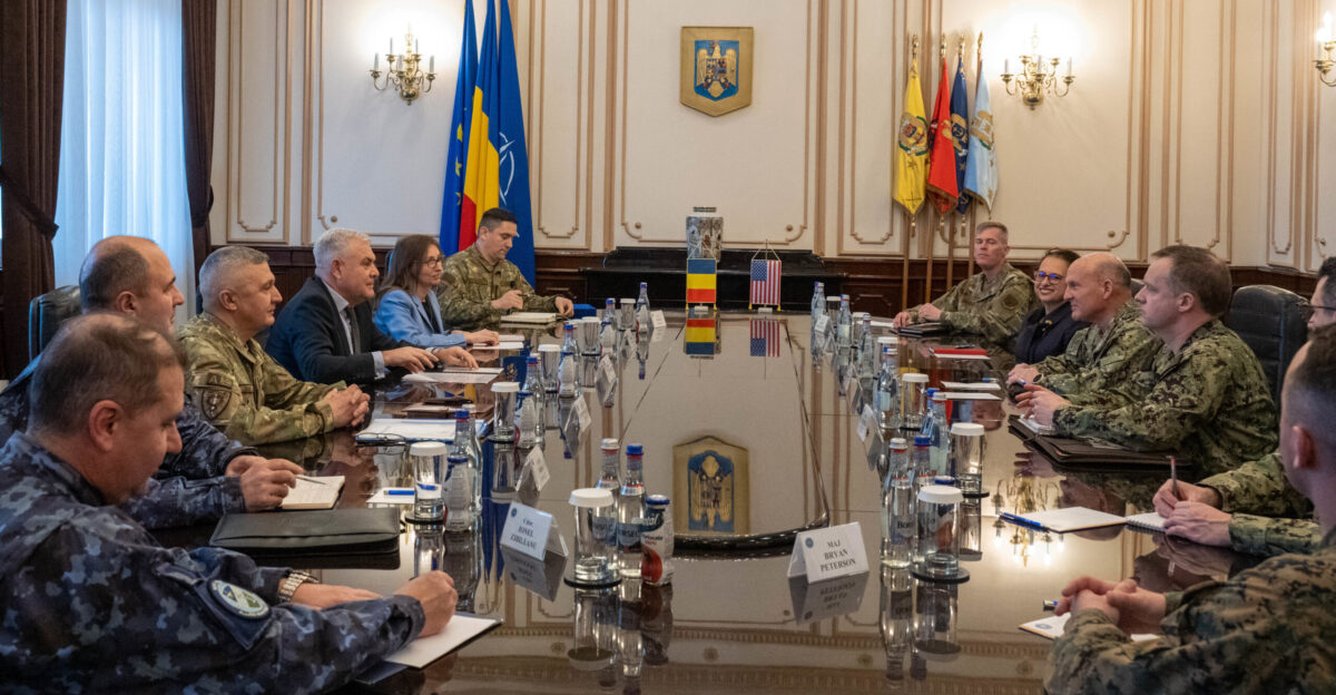 BUCHAREST Romania Jan 19 2023 - Chief of Naval Operations Adm Mike Gilday meets with Romanian Minister of Defence Angel T lv r and Deputy Chief of Defence Lt Gen Gheorghi Vlad at the Romania Ministry of Defence in Bucharest Romania Jan 19 Gilday traveled to Romania to meet with government officials military leaders and U S Navy Sailors to discuss the importance of maritime security in the Black Sea NATO interoperability and collective defense U S Navy photo by Lt Michael Valania released