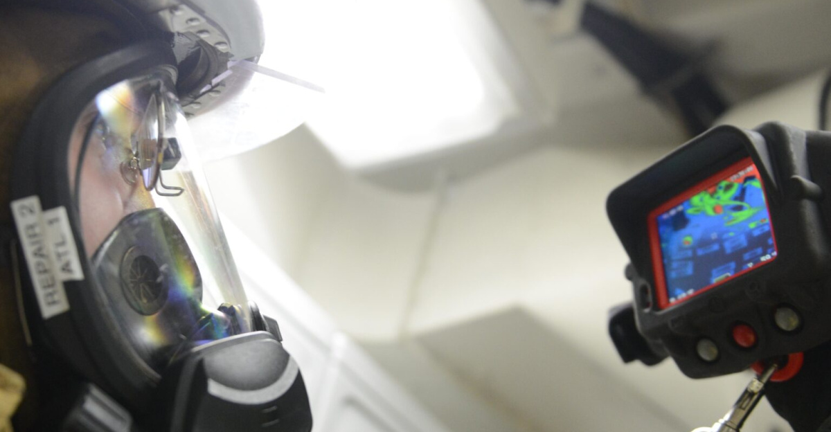 Petty Officer 3rd Class Ryan Brookes, a damage controlman in the Coast Guard Cutter Polar Star’s engineering department, uses a thermal imaging device to identify hot spots in the cutter’s laundry room during a fire drill in the Ross Sea near Antarctica Feb. 2, 2016. Thermal imaging allows emergency response personnel to identify areas requiring cooling after extinguishing a fire. (U.S. Coast Guard photo by Petty Officer 2nd Class Grant DeVuyst)
<br>Unit: U.S. Coast Guard Pacific Area