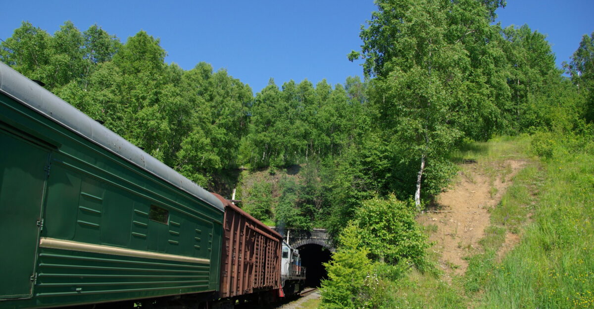 Commuter train TEM2-5419 luggage car food supply car two car from ER9 EMU Stop 110 km Polovinnyi Prigorodnyy poezd Krugobaykal skoy zheleznoy dorogi pod TEM2-5419 Bagazhnyy vagon vagon-lavka i dva vagona ot elektropoezda ER9 Ostanovka 110 km Polovinnyy