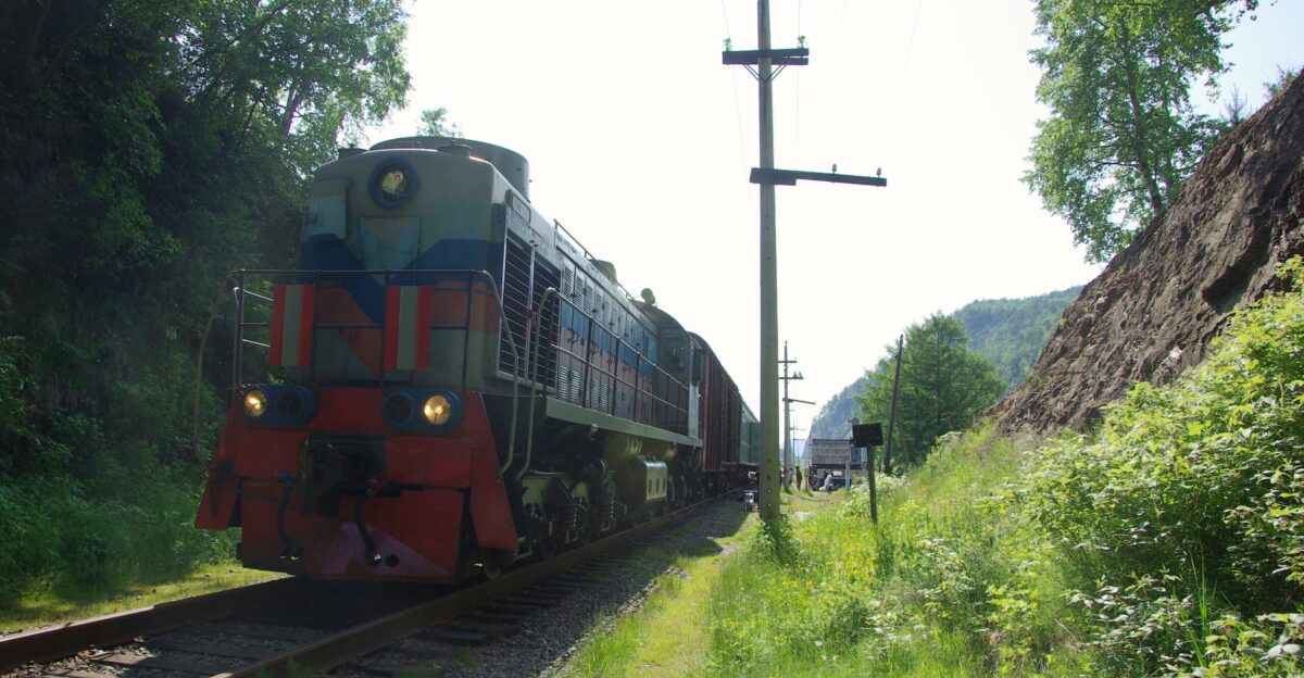 Commuter train TEM2-5419 luggage car food supply car two car from ER9 EMU Stop 110 km Polovinnyi Prigorodnyy poezd Krugobaykal skoy zheleznoy dorogi pod TEM2-5419 Bagazhnyy vagon vagon-lavka i dva vagona ot elektropoezda ER9 Ostanovka 110 km Polovinnyy