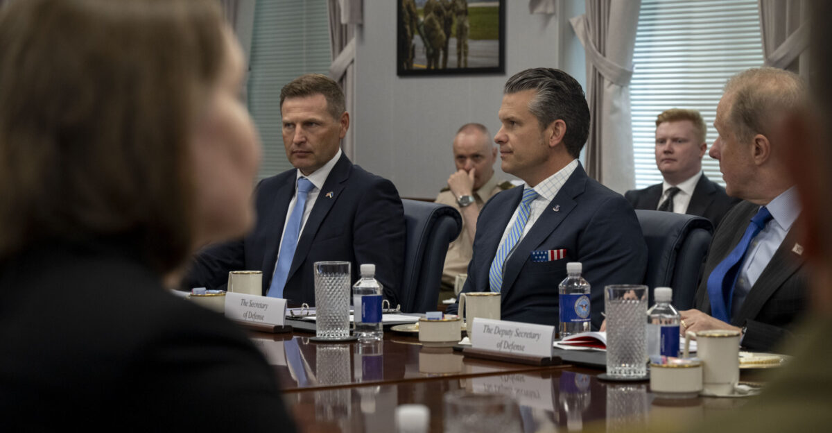 Secretary of Defense Pete Hegseth holds a quadrilateral exchange with Estonian Minister of Defense Hanno Pevkur Latvian Minister of Defense Andris Spr ds and Lithuanian Minister of Defense Dovil akalien at the Pentagon Washington D C July 25 2025 DoD photo by U S Navy Petty Officer 2nd Class Aiko Bongolan