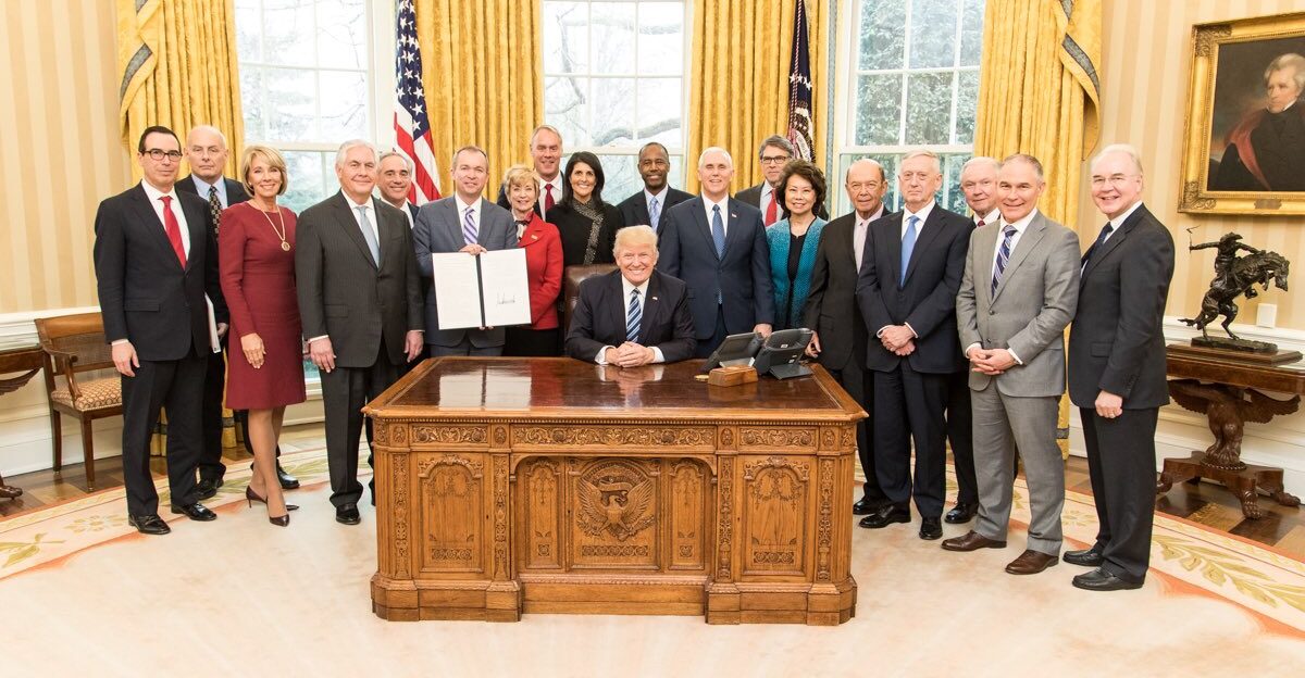 Group photo of most of the Trump cabinet in March 2017 Photo was tweeted with the text Proud to welcome our great Cabinet this afternoon for our first meeting Unfortunately 4 seats were empty because Senate Dems are delaying