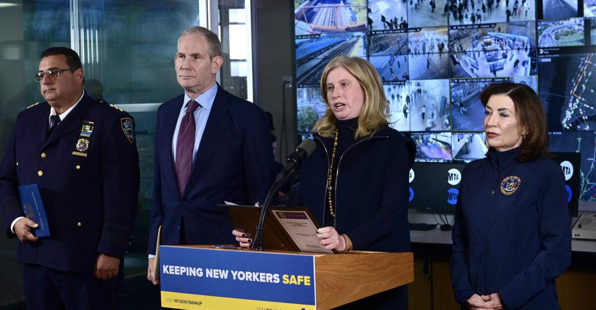 Governor Kathy Hochul MTA Chair CEO Janno Lieber and NYPD Commissioner Jessica Tisch at the MTA Headquarters Situation Room on Thursday Oct 9 2025 to discuss a pause in federal funding for transit security initiatives NYPD Chief of Transit Bureau Joseph Gulotta Marc A Hermann MTA