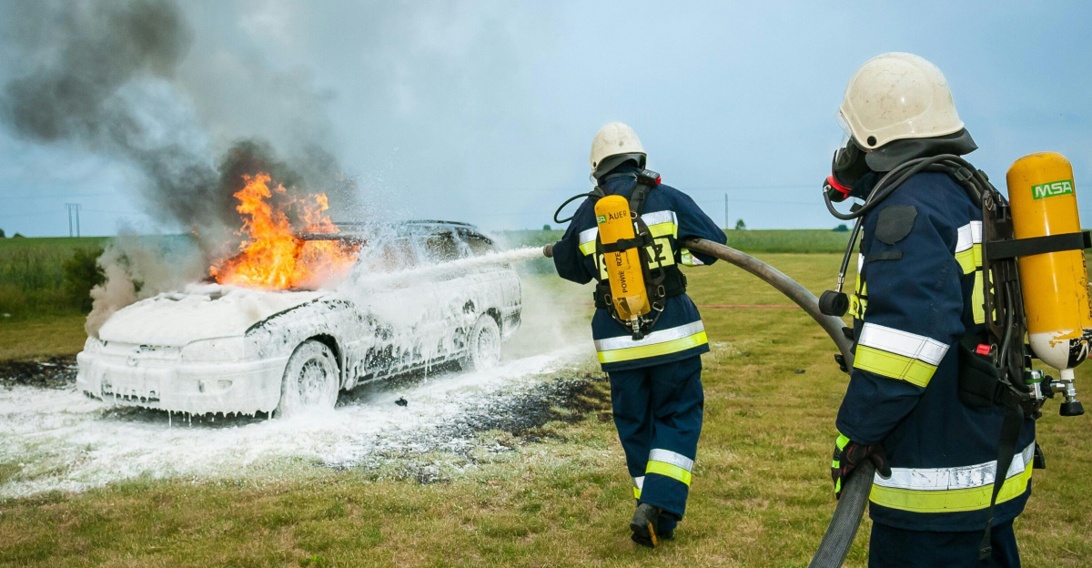 Firefighters tackle a blazing car using foam to extinguish the flames in an outdoor setting.