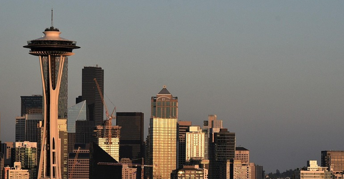 seattle, downtown, landmark, space needle, sunset, city, buildings, nature, cityscape
