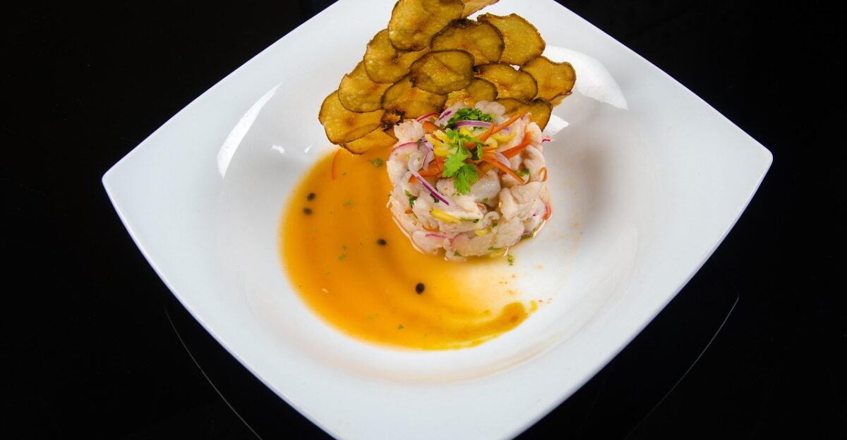 seafood in sour sauce seafood tasting shrimp gourmet food sauce passion fruit plate restaurant sauce