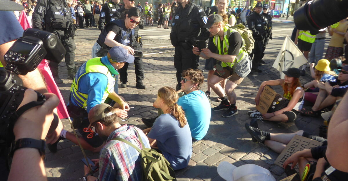 Greta Thunberg in a block of Extinction Rebellion Elokapina protesters on Mannerheimintie Helsinki shortly before being detained by police