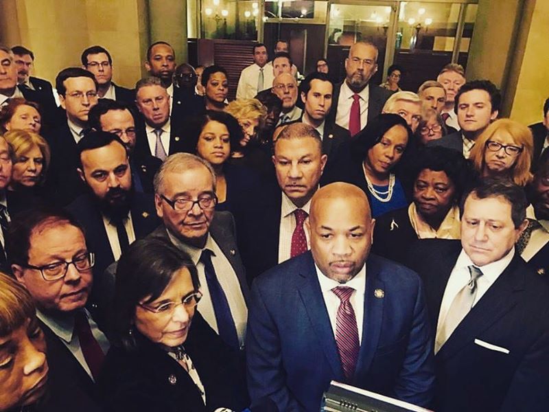 NYS Assembly Speaker Carl Heastie leads a press conference with his Democratic Conference following negotiations with Governor Cuomo and Senate Leader John Flanagan R-Suffolk