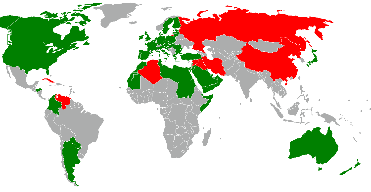 Countries in green declares Hezbollah as a terrorist organization and the countries in red doesn t recognize it as a terrorist organization but a political organization Some countries such as Venezuela and Syria have a official government and an democratic rebel government and Venezuelan Guaid s government and Syrian opposition declare Hezbollah a terrorist organization while Lebanon s government support Hezbollah despite the Arab League s opposition of the group