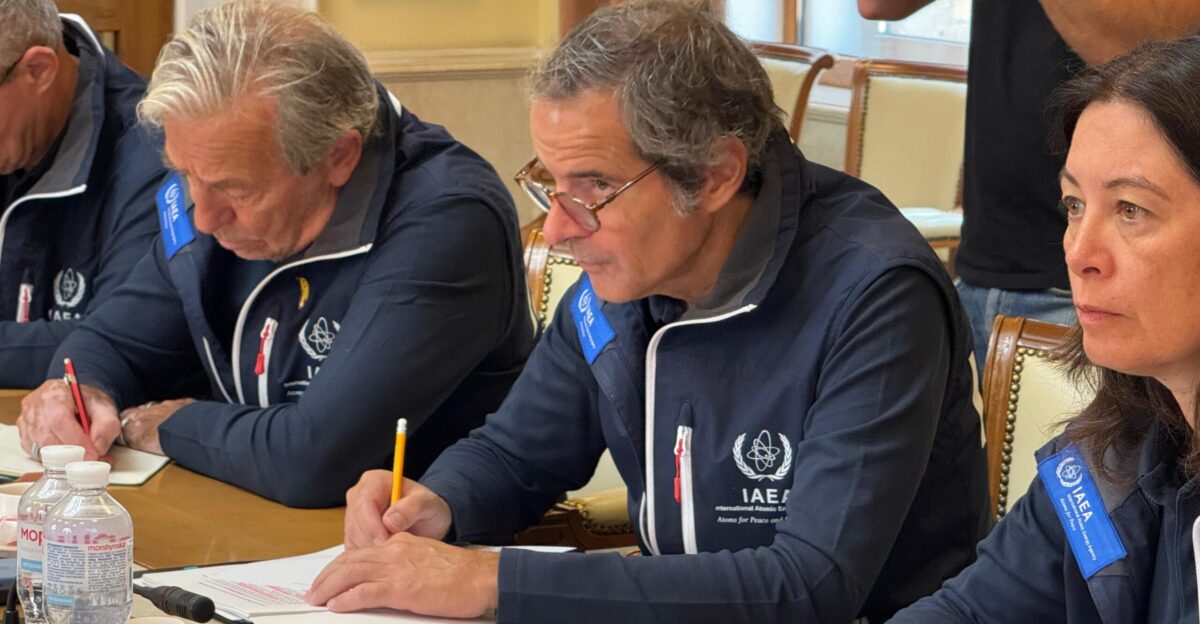 IAEA Director-General Rafael Mariano Grossi seated between Lydie Evrard IAEA Deputy Director-General and Head of the Department of Nuclear Safety and Security and Massimo Aparo IAEA Deputy Director-General and Head of the Department of Safeguards during meeting with Ukrainian officials on their first day of their official visit to Kyiv Ukraine 3 September 2024 Photo Credit Fredrik Dahl IAEA