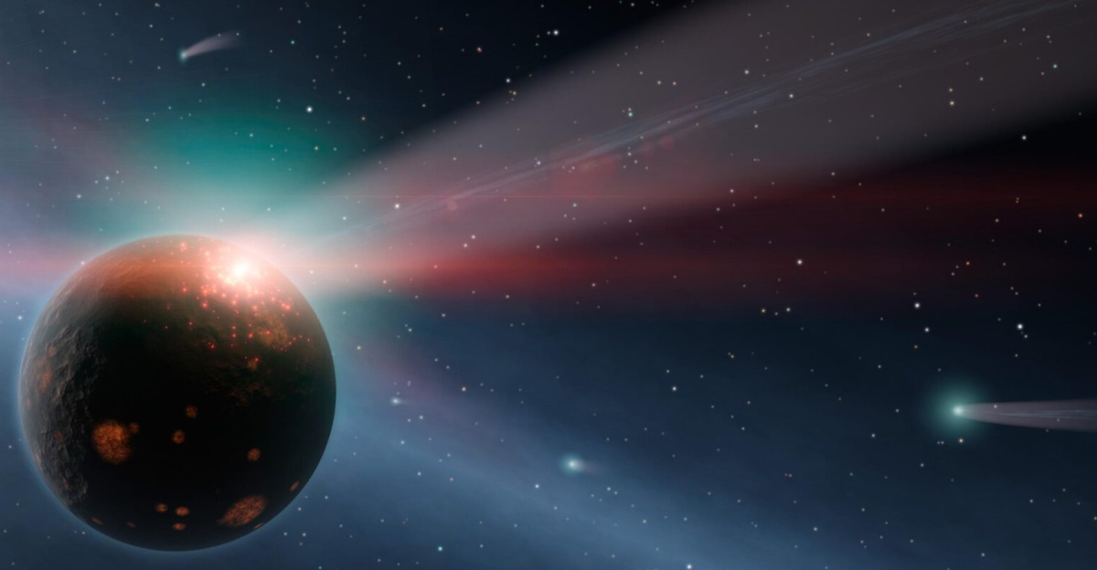 It's Raining Comets
<p>This artist's conception illustrates a storm of comets around a star near our own, called Eta Corvi. Evidence for this barrage comes from NASA's Spitzer Space Telescope, whose infrared detectors picked up indications that one or more comets was recently torn to shreds after colliding with a rocky body. In this artist's conception, one such giant comet is shown smashing into a rocky planet, flinging ice- and carbon-rich dust into space, while also smashing water and organics into the surface of the planet. A glowing red flash captures the moment of impact on the planet. Yellow-white Eta Corvi is shown to the left, with still more comets streaming toward it.
</p><p>Spitzer detected spectral signatures of water ice, organics and rock around Eta Corvi -- key ingredients of comets. This is the first time that evidence for such a comet storm has been seen around another star. Eta Corvi is just about the right age, about one billion years old, to be experiencing a bombardment of comets akin to what occurred in our own solar system at 600 to 800 millions years of age, termed the Late Heavy Bombardment.
</p><p>Scientists say the Late Heavy Bombardment was triggered in our solar system by the migration of our outer planets, which jostled icy comets about, sending some of them flying inward. The incoming comets scarred our moon and pummeled our inner planets. They may have even brought materials to Earth that helped kick start life.
</p>
Image credit: NASA/JPL-Caltech