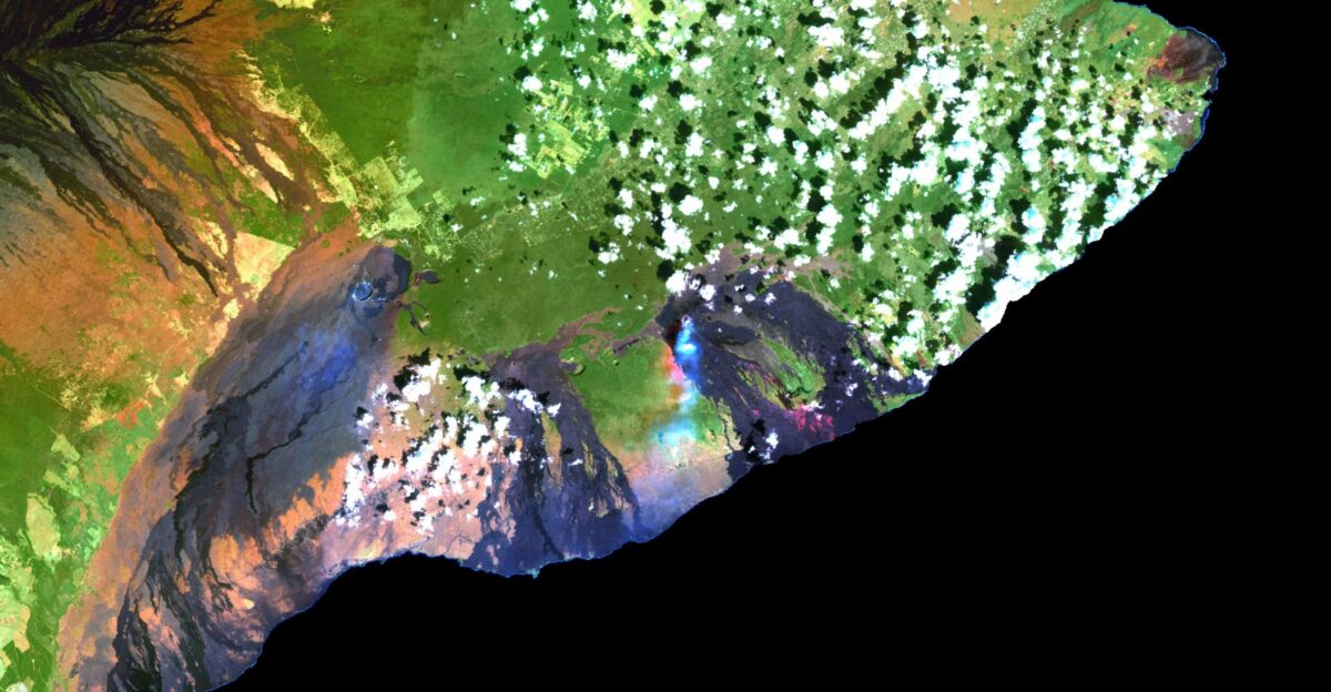 This simulated true-color image of the Kilauea was derived from data gathered by the Enhanced Thematic Mapper plus ETM on the Landsat 7 satellite between 1999 and 2001