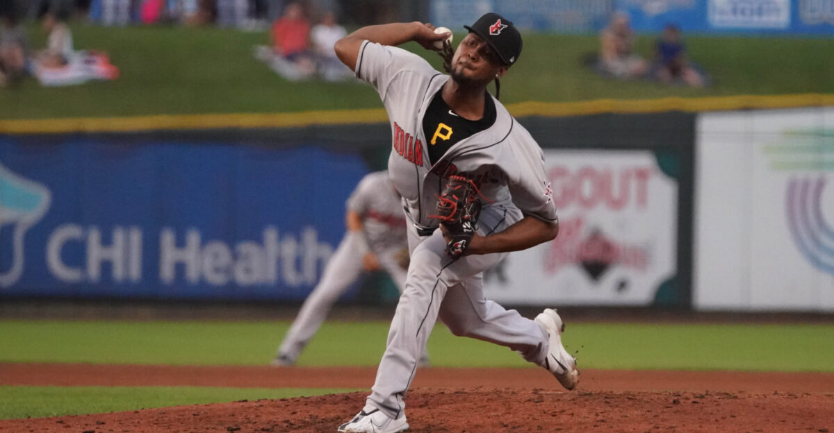 Luis Ortiz pitching for the Indianapolis Indians during a September 2022 game at Werner Park in Nebraska