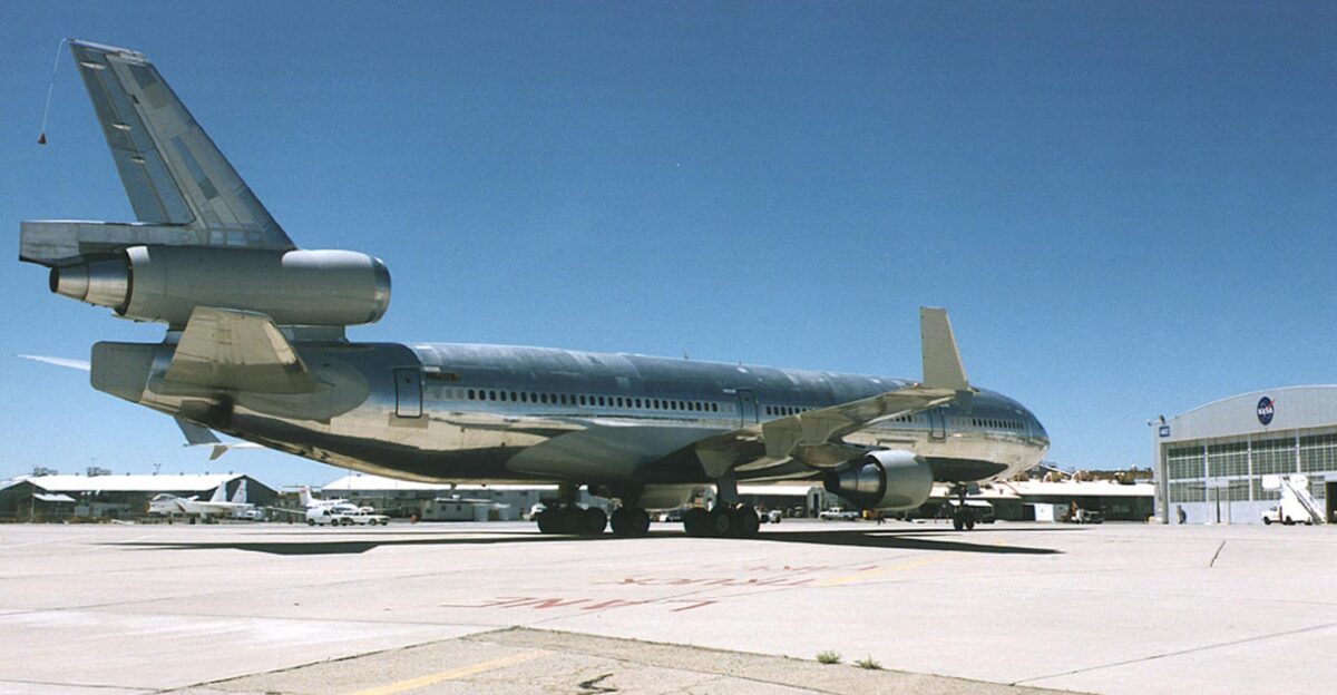 This McDonnell Douglas MD-11 is taxiing to a position on the flightline at NASA s Dryden Flight Research Center Edwards California following its completion of the first and second landings ever performed by a transport aircraft under engine power only on Aug 29 1995 The milestone flight with NASA research pilot and former astronaut Gordon Fullerton at the controls was part of a NASA project to develop a computer-assisted engine control system that enables a pilot to land a plane safely when its normal control surfaces are disabled The Propulsion-Controlled Aircraft PCA system uses standard autopilot controls already present in the cockpit together with the new programming in the aircraft s flight control computers The PCA concept is simple For pitch control the program increases thrust to climb and reduces thrust to descend To turn right the autopilot increases the left engine thrust while decreasing the right engine thrust The initial Propulsion-Controlled Aircraft studies by NASA were carried out at Dryden with a modified twin-engine F-15 research aircraft