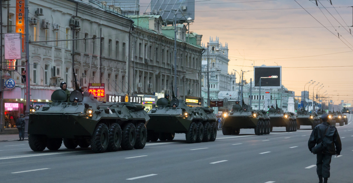 Police force and military personnel units are gathering for a rehearsal of Moscow Military Parade to celebrate Victory Day on May 9 in Moscow, Russia.